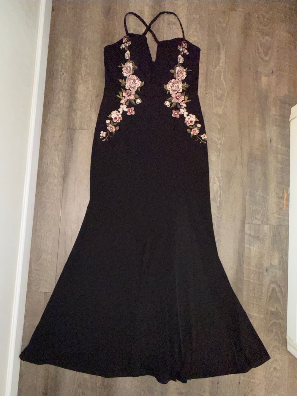 Windsor Black Maxi Dress with Pink Floral Embroidery